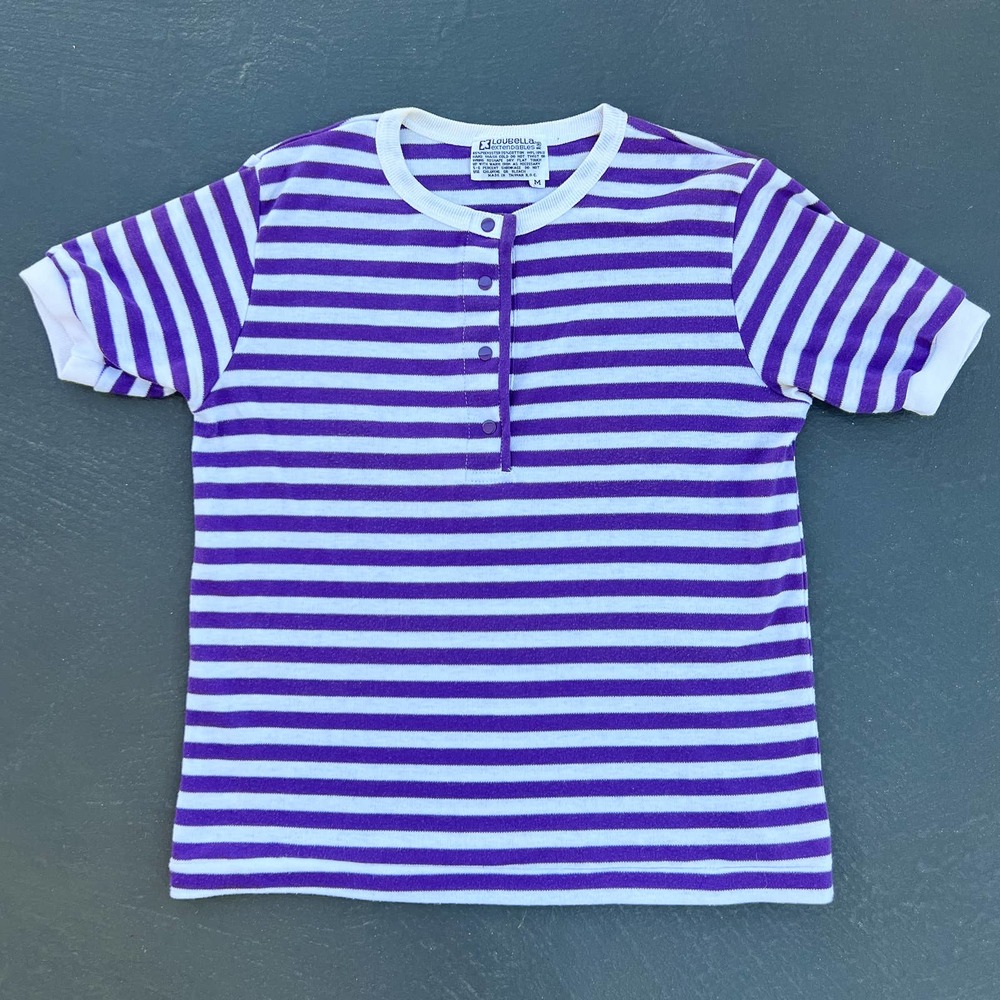 VINTAGE 80S 90S STRIPED PURPLE WHITE BUTTON TSHIRT TEE SZ M